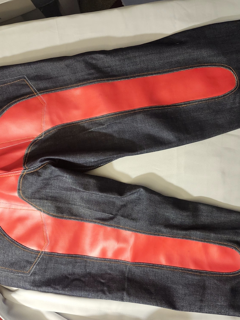 Evisu Slim Straight Black Denim Jeans with Red Leather Inset